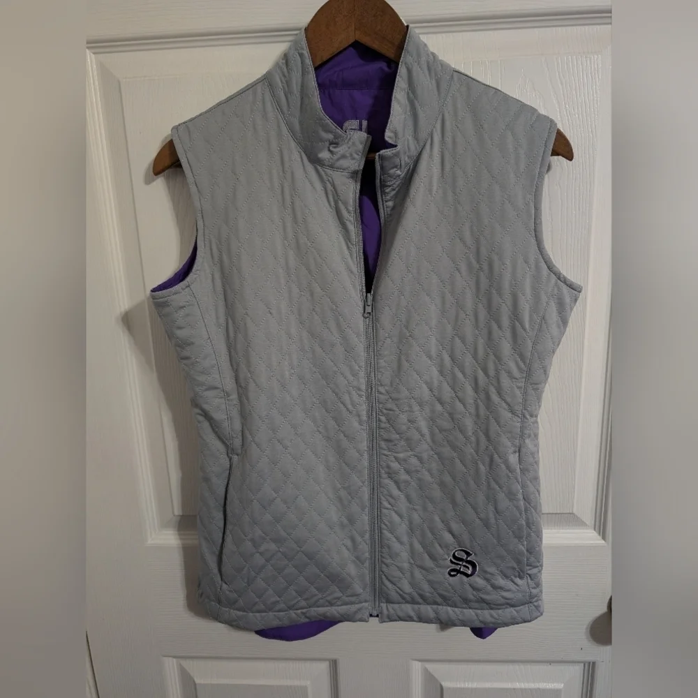 Footjoy Mens Vest Quilted Reversible Gray Purple Logo Size Small Jacket Zipper